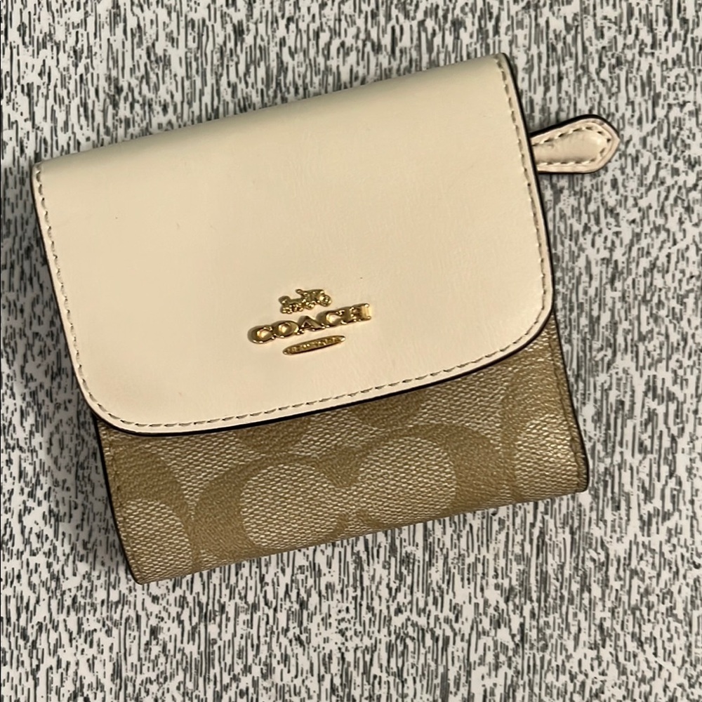 Coach Signature Canvas Cream and Tan, tri-fold Leather Wallet